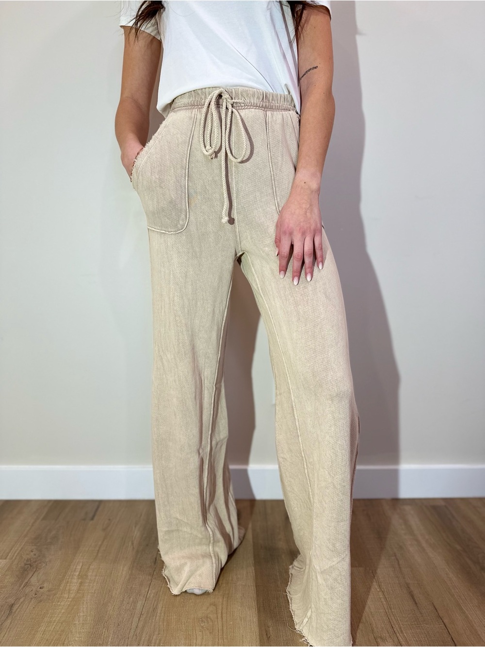 Three Bird Nest Wide-Leg Drawstring Pants in Beige